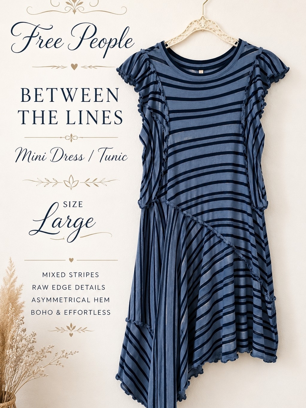 Free People Between The Lines Mini Dress Tunic L Blue Striped Boho Raw Hem Chic